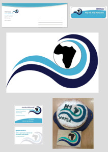 Spendenkarte, Aufkleber, Logo, Visitenkarten, Kuchen und Keks der fiktiven Firma „HM Water“ des Siegerteams